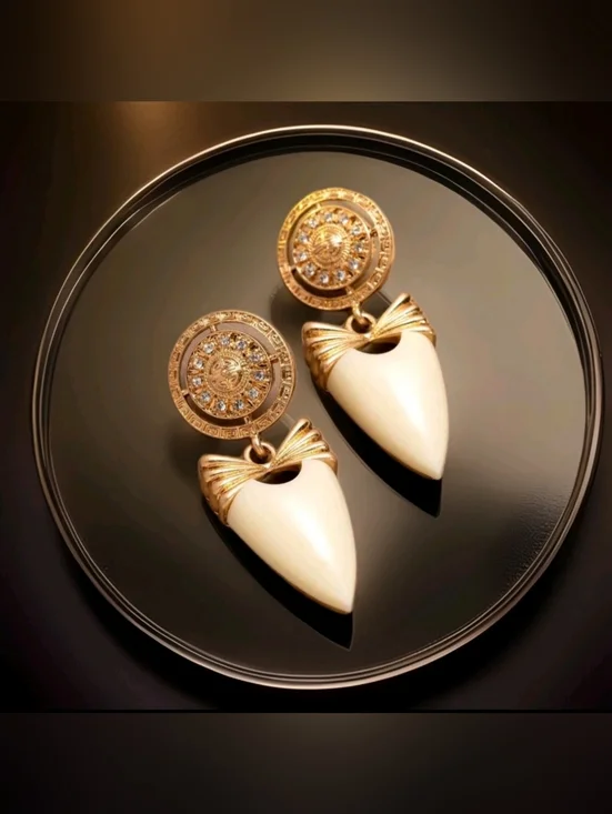 Vintage Estate Givenchy Cream Enamel Crystal Greek Key Bow Gold Earrings - Picture 11 of 16